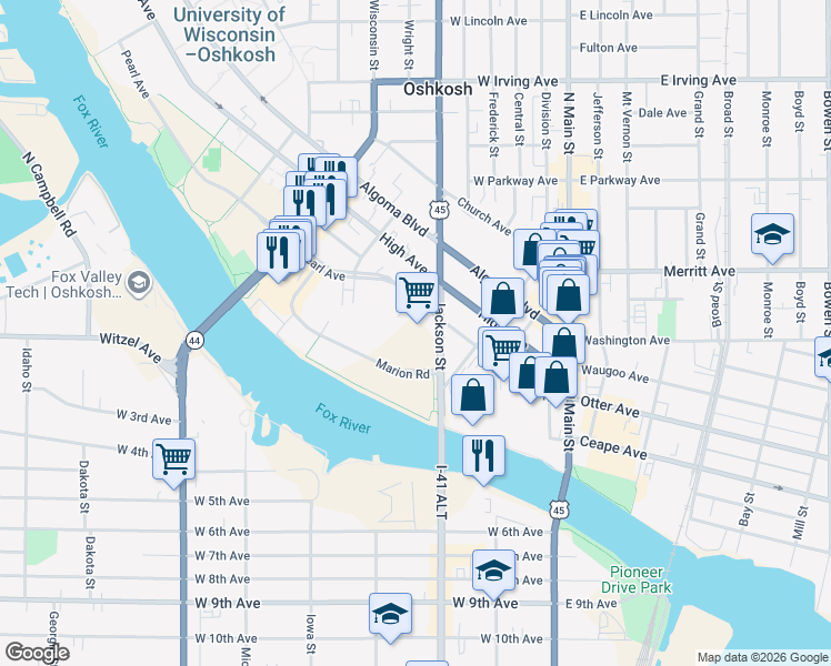 map of restaurants, bars, coffee shops, grocery stores, and more near Jackson Street in Oshkosh