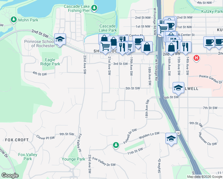 map of restaurants, bars, coffee shops, grocery stores, and more near 2020 5th Street Southwest in Rochester