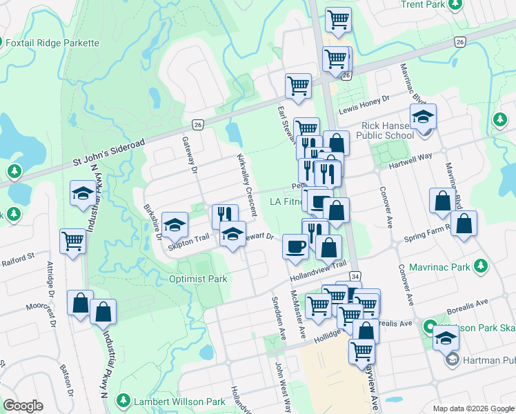 map of restaurants, bars, coffee shops, grocery stores, and more near 115 Kirkvalley Crescent in Aurora