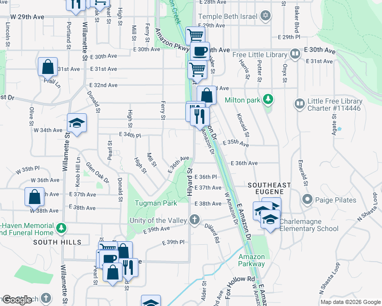 map of restaurants, bars, coffee shops, grocery stores, and more near 580 East 36th Avenue in Eugene