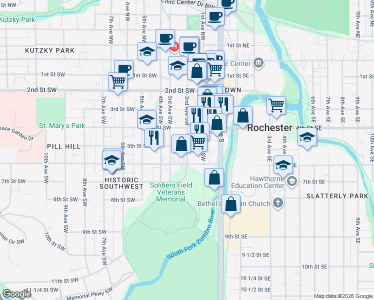 map of restaurants, bars, coffee shops, grocery stores, and more near 501 1st Avenue Southwest in Rochester