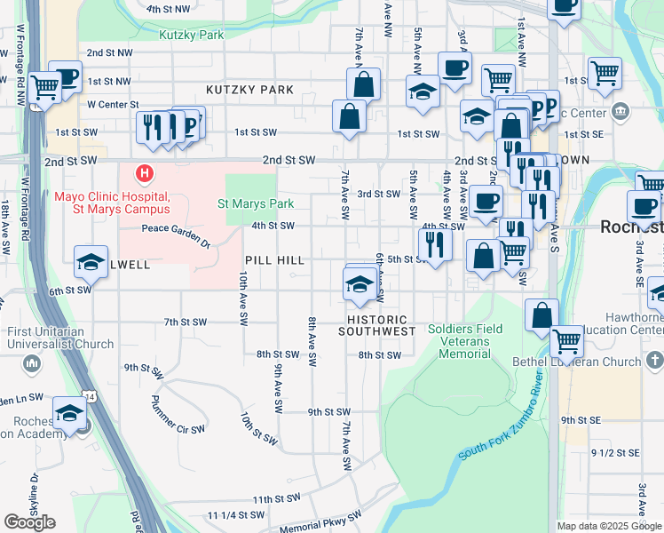 map of restaurants, bars, coffee shops, grocery stores, and more near 710 5th Street Southwest in Rochester