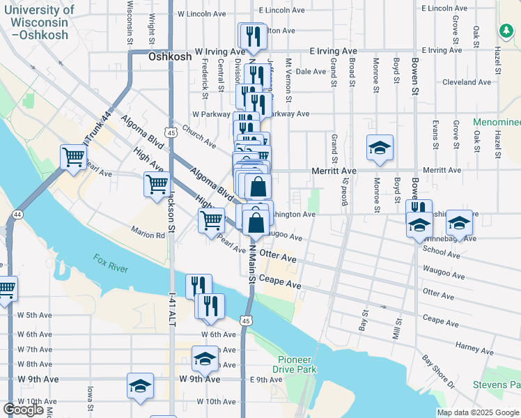 map of restaurants, bars, coffee shops, grocery stores, and more near 17 Washington Avenue in Oshkosh