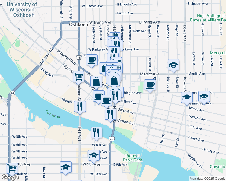 map of restaurants, bars, coffee shops, grocery stores, and more near 17 Washington Avenue in Oshkosh