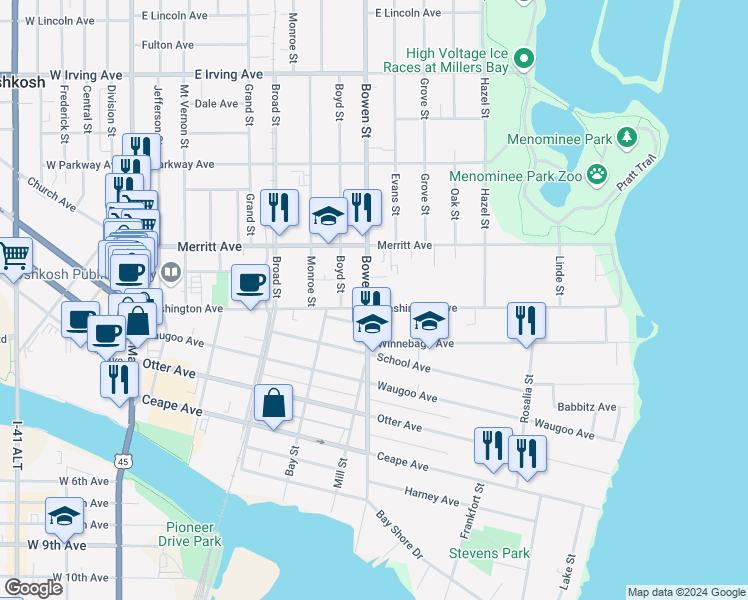map of restaurants, bars, coffee shops, grocery stores, and more near 802 Washington Avenue in Oshkosh