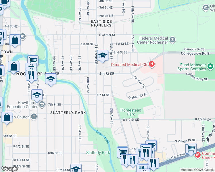 map of restaurants, bars, coffee shops, grocery stores, and more near 517 13th Avenue Southeast in Rochester