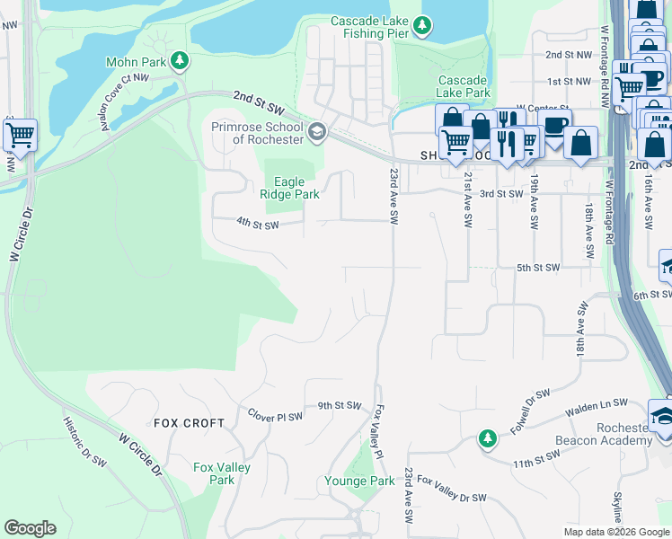 map of restaurants, bars, coffee shops, grocery stores, and more near 2504 5th Street Southwest in Rochester
