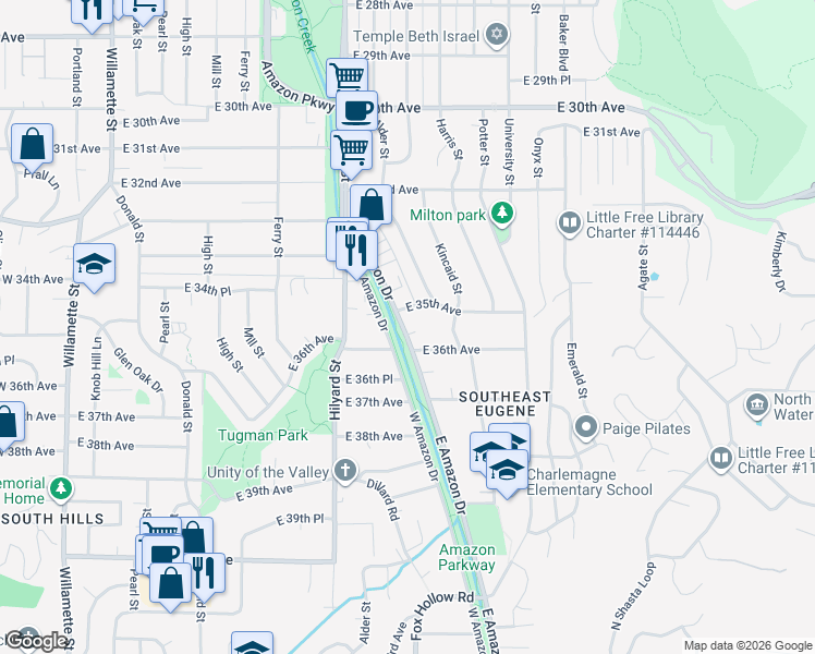 map of restaurants, bars, coffee shops, grocery stores, and more near 822 East 35th Place in Eugene