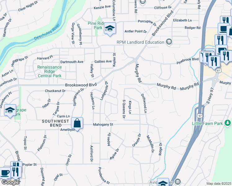map of restaurants, bars, coffee shops, grocery stores, and more near 19861 Duck Call Lane in Bend