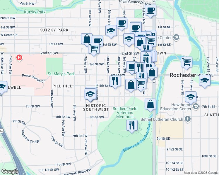 map of restaurants, bars, coffee shops, grocery stores, and more near 430 5th Street Southwest in Rochester