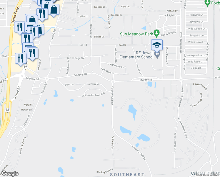 map of restaurants, bars, coffee shops, grocery stores, and more near 61080 Country Club Drive in Bend