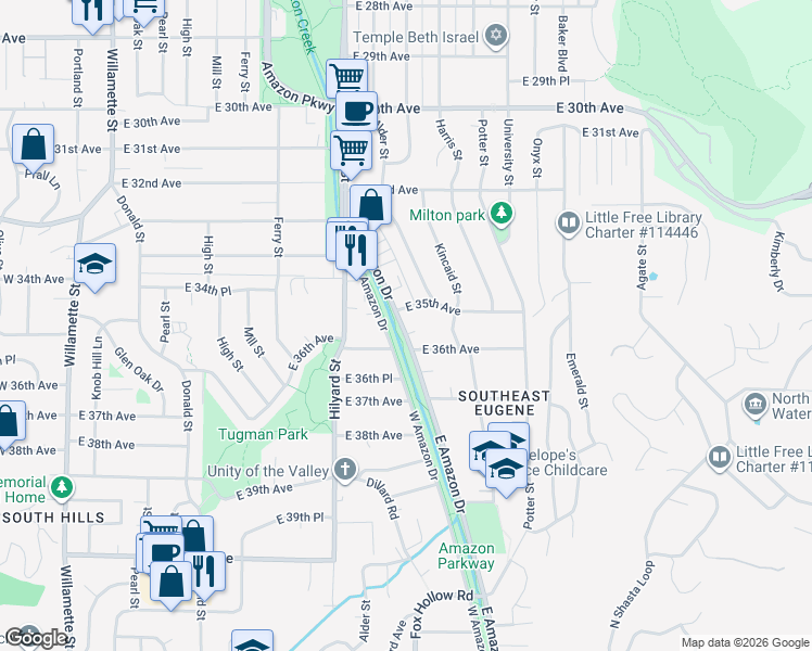 map of restaurants, bars, coffee shops, grocery stores, and more near 822 East 35th Place in Eugene