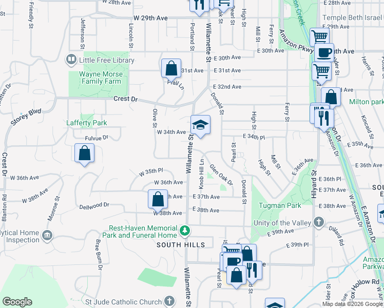 map of restaurants, bars, coffee shops, grocery stores, and more near 3530 Knob Hill Lane in Eugene