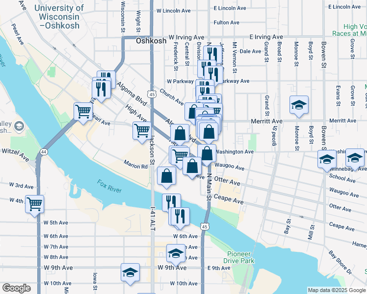 map of restaurants, bars, coffee shops, grocery stores, and more near 139 High Avenue in Oshkosh