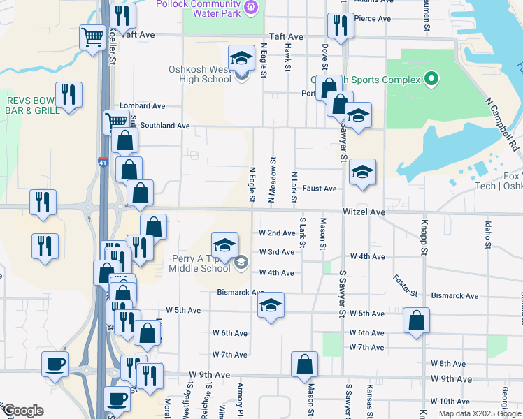 map of restaurants, bars, coffee shops, grocery stores, and more near 1443 Witzel Avenue in Oshkosh