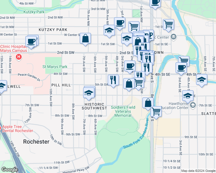 map of restaurants, bars, coffee shops, grocery stores, and more near 415 6th Street Southwest in Rochester