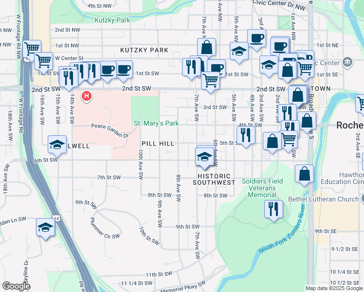 map of restaurants, bars, coffee shops, grocery stores, and more near 730 5th Street Southwest in Rochester