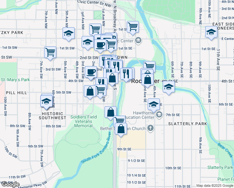 map of restaurants, bars, coffee shops, grocery stores, and more near 434 South Broadway in Rochester