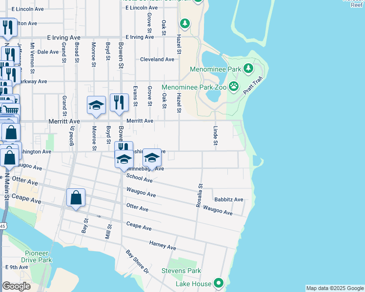 map of restaurants, bars, coffee shops, grocery stores, and more near 1200 Washington Avenue in Oshkosh