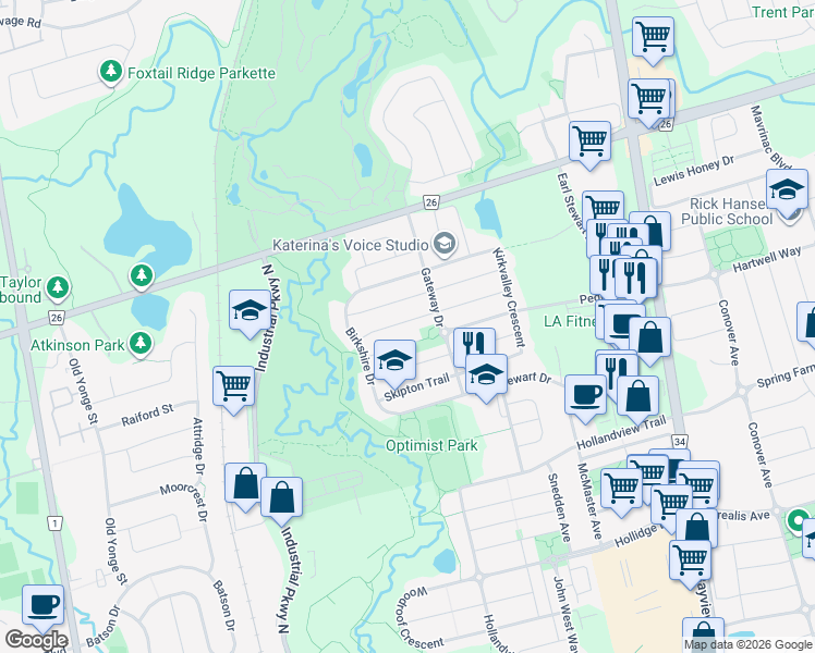 map of restaurants, bars, coffee shops, grocery stores, and more near 43 Haverhill Terrace in Aurora