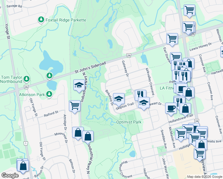 map of restaurants, bars, coffee shops, grocery stores, and more near 12 Haverhill Terrace in Aurora