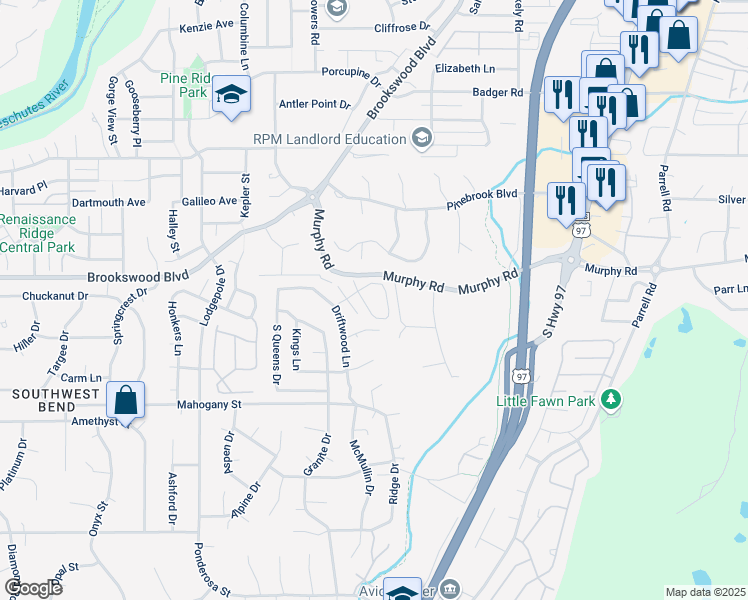 map of restaurants, bars, coffee shops, grocery stores, and more near 19960 Crystal Lane in Bend