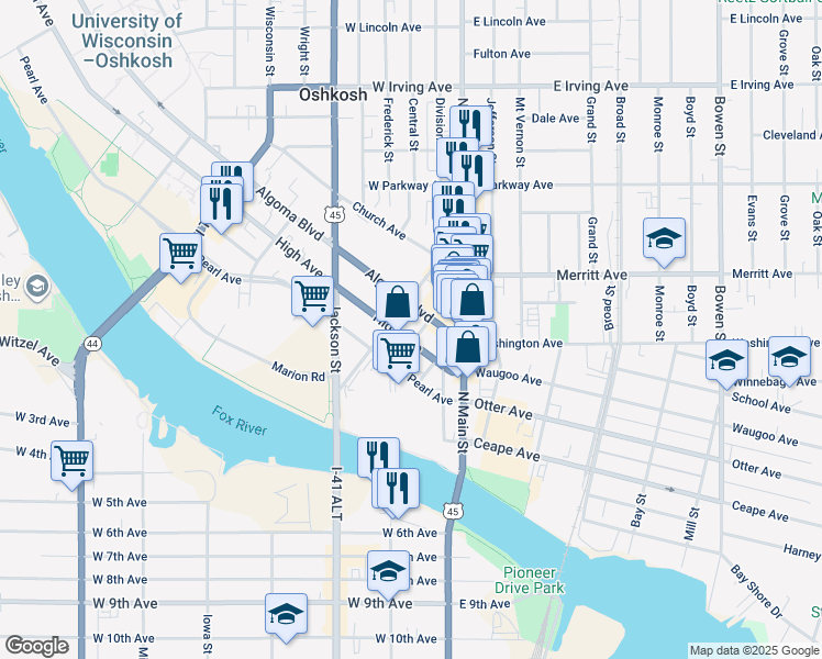 map of restaurants, bars, coffee shops, grocery stores, and more near in Oshkosh