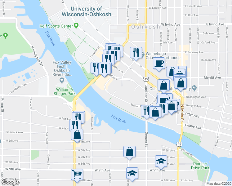 map of restaurants, bars, coffee shops, grocery stores, and more near 474 Marion Road in Oshkosh