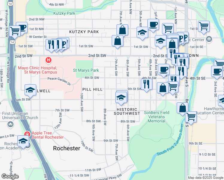 map of restaurants, bars, coffee shops, grocery stores, and more near 523 7th Avenue Southwest in Rochester