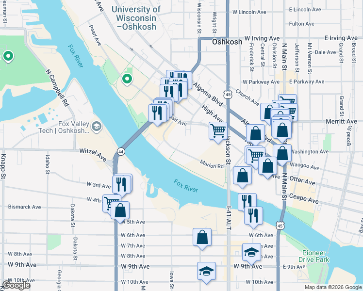 map of restaurants, bars, coffee shops, grocery stores, and more near 474 Marion Road in Oshkosh