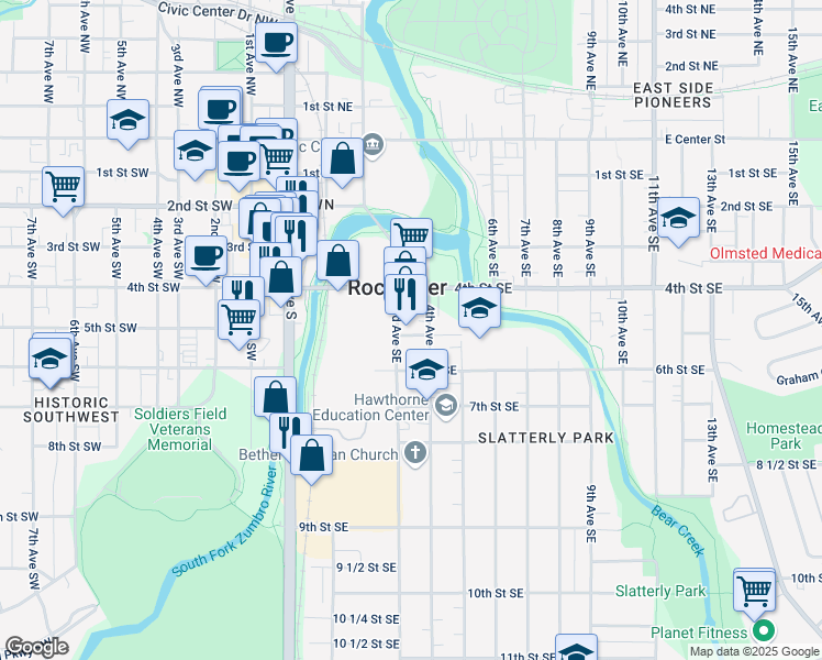 map of restaurants, bars, coffee shops, grocery stores, and more near 510 3rd Avenue Southeast in Rochester