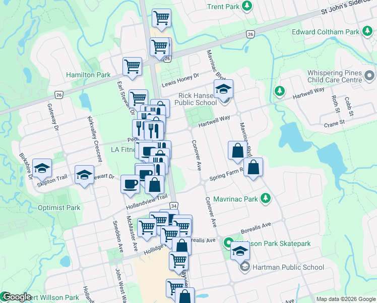 map of restaurants, bars, coffee shops, grocery stores, and more near 93 Starr Crescent in Aurora