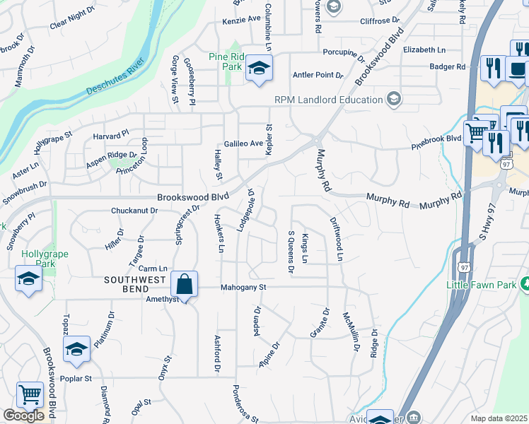 map of restaurants, bars, coffee shops, grocery stores, and more near 61090 Buckshot Place in Bend