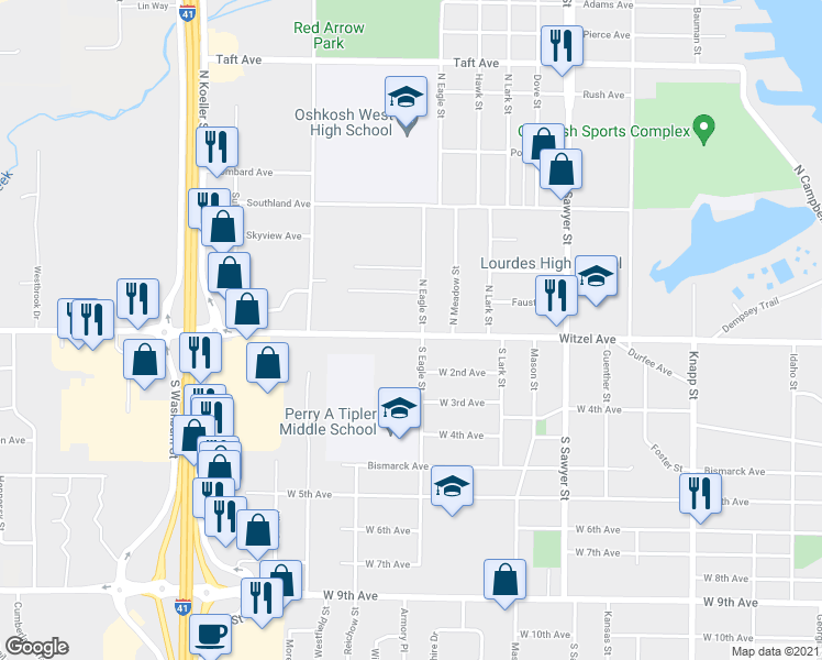 map of restaurants, bars, coffee shops, grocery stores, and more near 1520 Witzel Avenue in Oshkosh