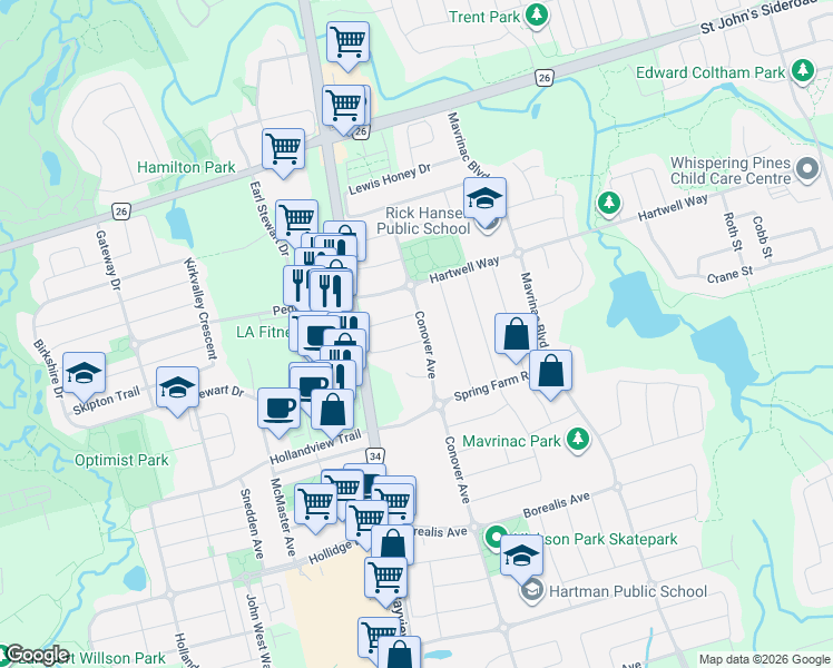 map of restaurants, bars, coffee shops, grocery stores, and more near 103 Starr Crescent in Aurora