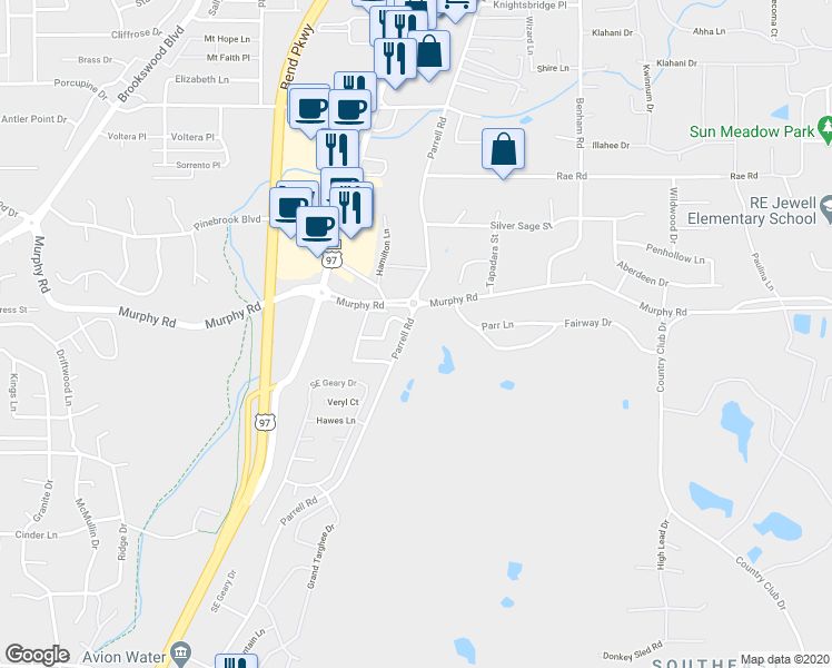 map of restaurants, bars, coffee shops, grocery stores, and more near 61062 Parrell Road in Bend