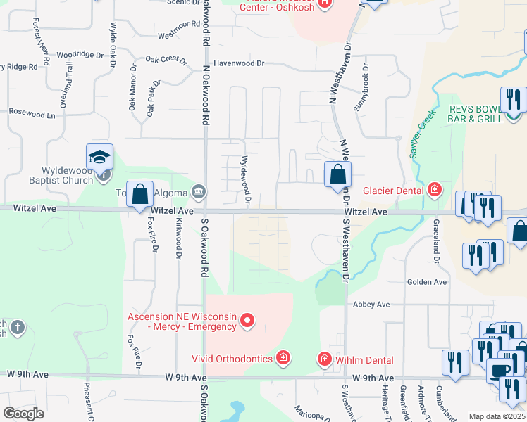 map of restaurants, bars, coffee shops, grocery stores, and more near 2645 Witzel Avenue in Oshkosh