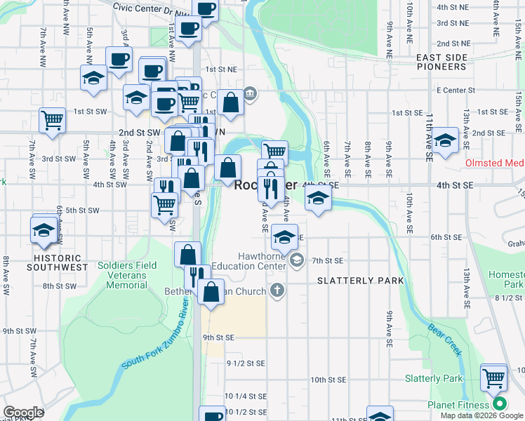 map of restaurants, bars, coffee shops, grocery stores, and more near 510 3rd Avenue Southeast in Rochester