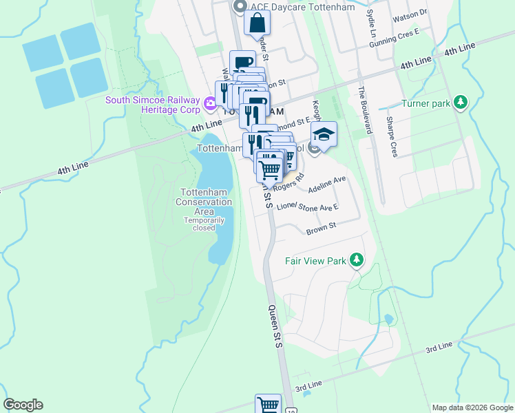map of restaurants, bars, coffee shops, grocery stores, and more near 15 Rodcliff Road in New Tecumseth