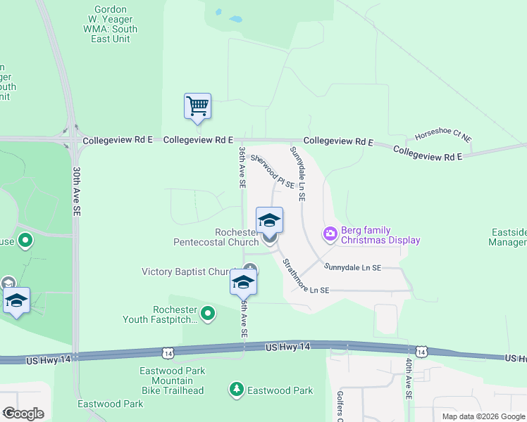 map of restaurants, bars, coffee shops, grocery stores, and more near 407 Strathmore Lane Southeast in Rochester