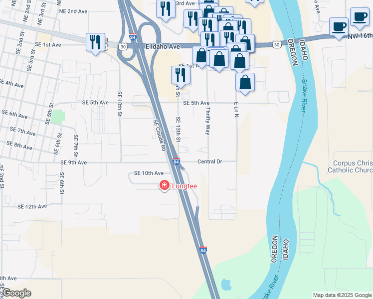 map of restaurants, bars, coffee shops, grocery stores, and more near 716 Southeast 13th Street in Ontario