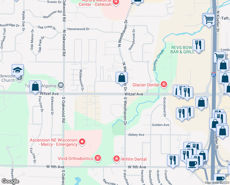 map of restaurants, bars, coffee shops, grocery stores, and more near 2520 Witzel Avenue in Oshkosh