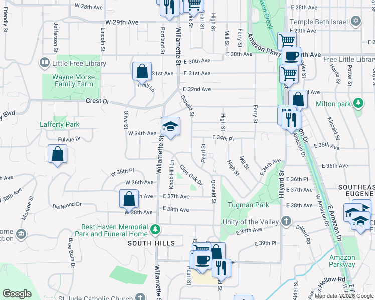 map of restaurants, bars, coffee shops, grocery stores, and more near 3456 Donald Street in Eugene