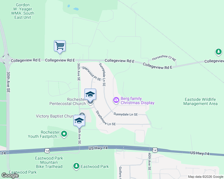 map of restaurants, bars, coffee shops, grocery stores, and more near 212 Sunnydale Lane Southeast in Rochester