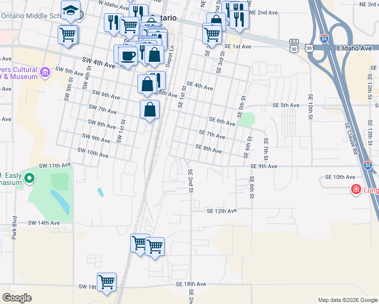 map of restaurants, bars, coffee shops, grocery stores, and more near 795 Southeast 2nd Street in Ontario