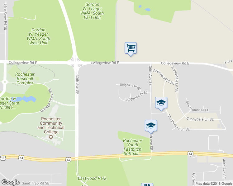 map of restaurants, bars, coffee shops, grocery stores, and more near 3356 Bridgeview Drive Southeast in Rochester