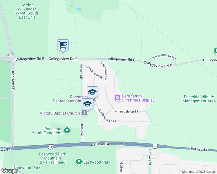 map of restaurants, bars, coffee shops, grocery stores, and more near 212 Sunnydale Lane Southeast in Rochester