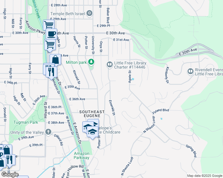 map of restaurants, bars, coffee shops, grocery stores, and more near 3595 Emerald Street in Eugene