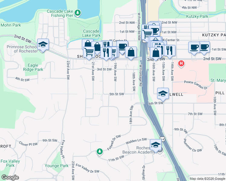 map of restaurants, bars, coffee shops, grocery stores, and more near 412 20th Avenue Southwest in Rochester