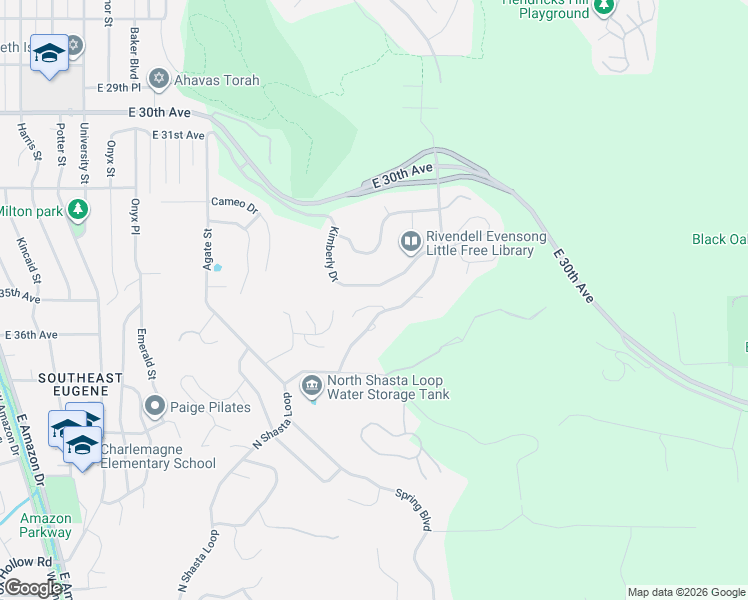 map of restaurants, bars, coffee shops, grocery stores, and more near 3574 Spring Boulevard in Eugene